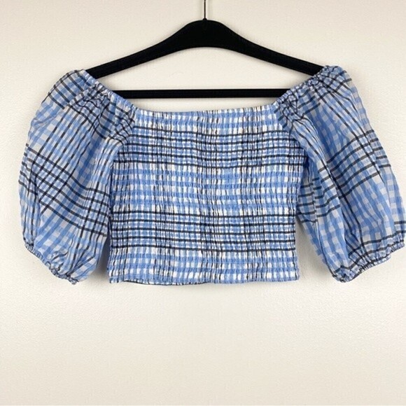 Lulu's Delightful Disposition Blue Plaid Smocked Puff Sleeve Crop Top Size S - Picture 3 of 9